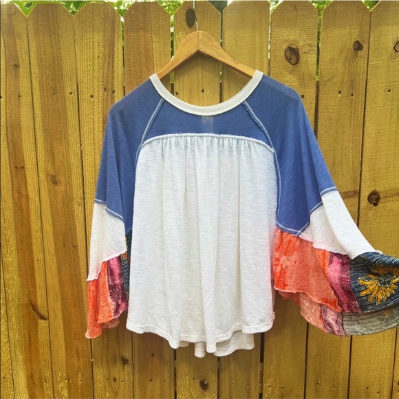 Free People🦋We the Free Friday Fever Patchwork Top Bell Sleeve - Picture 4 of 8